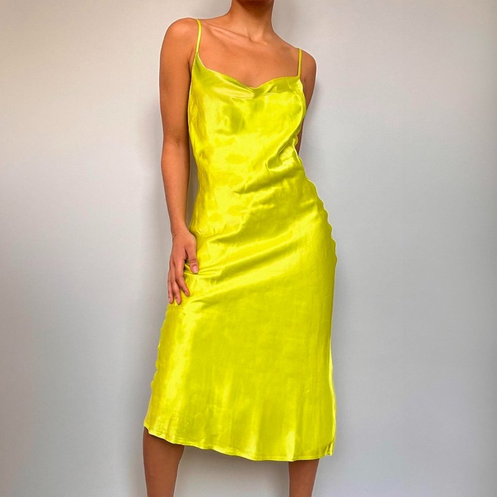 BARDOT satin cowl midi dress in a chartreuse